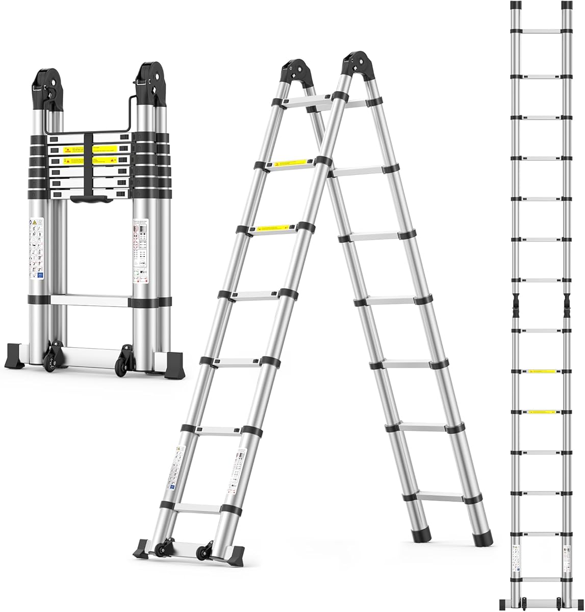 Telescoping Ladder,14.5 FT Extension Ladder, Heavy Duty 330lbs Max Capacity, Multi-Purpose Collapsible Ladder for RV or Outdoor Work