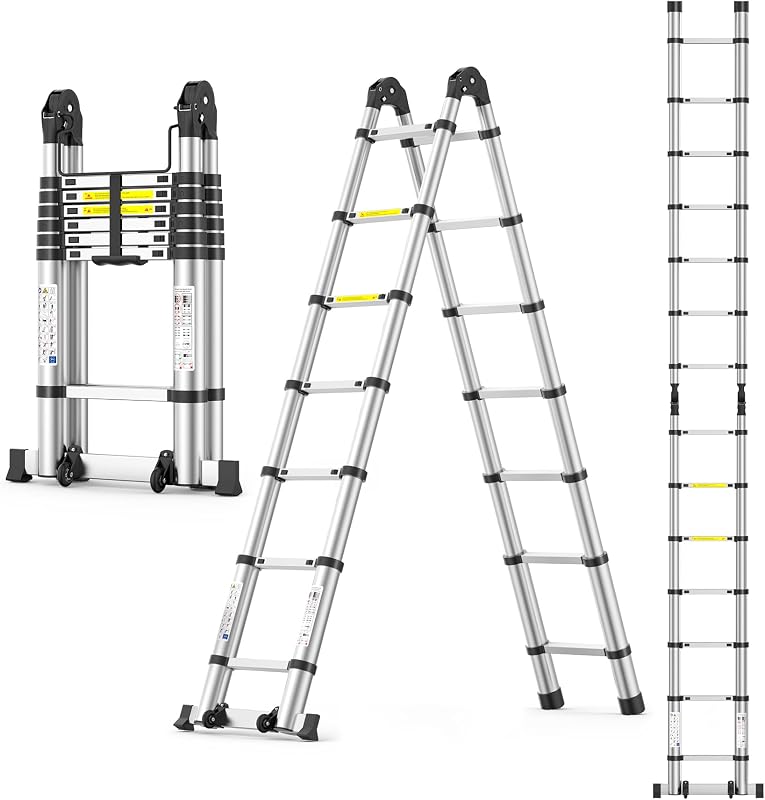 Telescoping Ladder,14.5 FT Extension Ladder, Heavy Duty 330lbs Max Capacity | Multi-Purpose Collapsible Ladder for RV or Outdoor Work