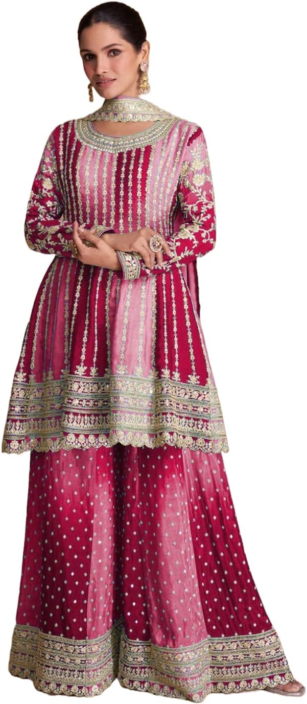 Dual Tone Strip Chinon Heavy Embroidered Stitched Sharara Suit Set With Dupatta (ME-1129)