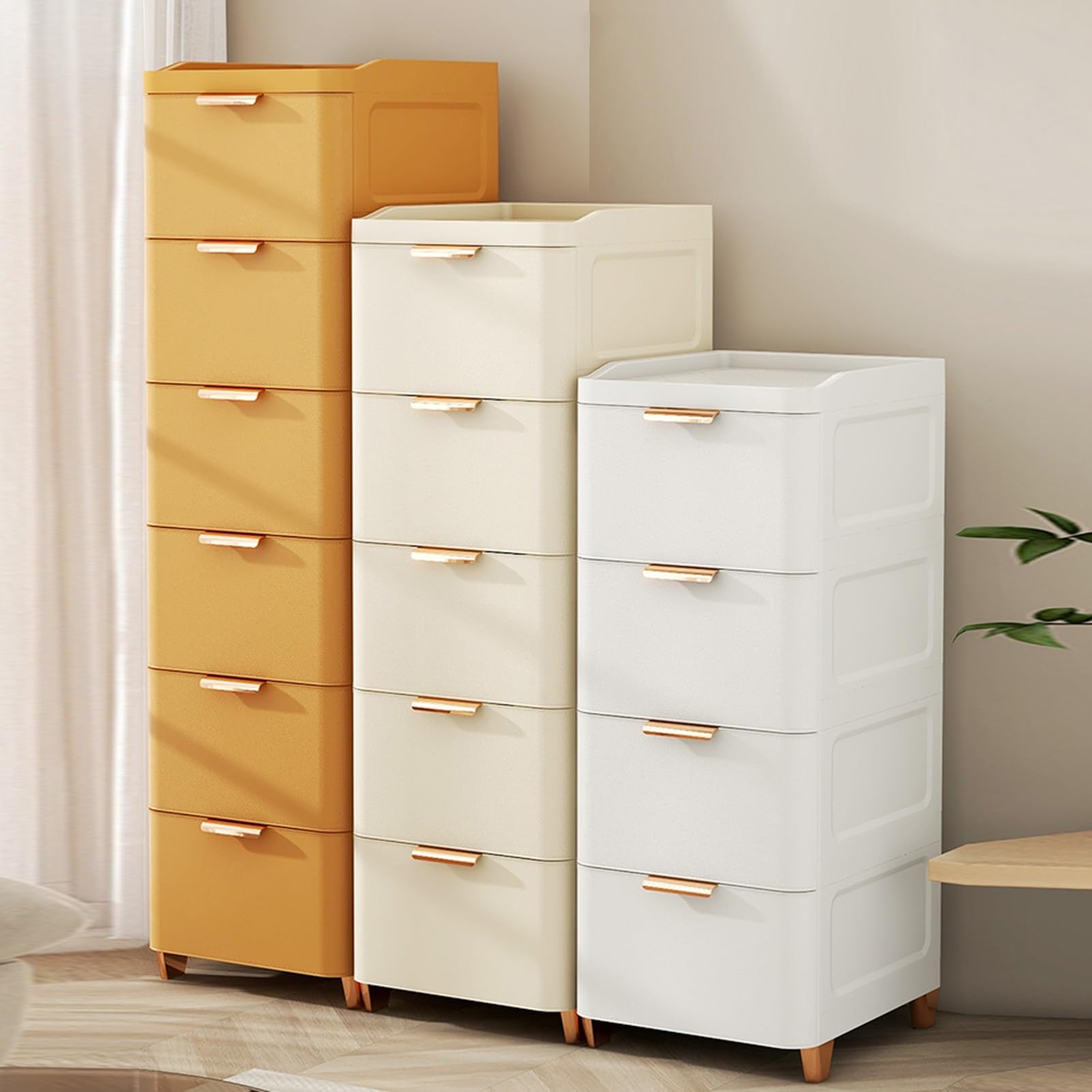 Kunststoff-Schubladen, Kommode mit Stauraum für Schlafzimmer, Flur, Büro, Weiß und Orange (55 x 41 x 130 cm)