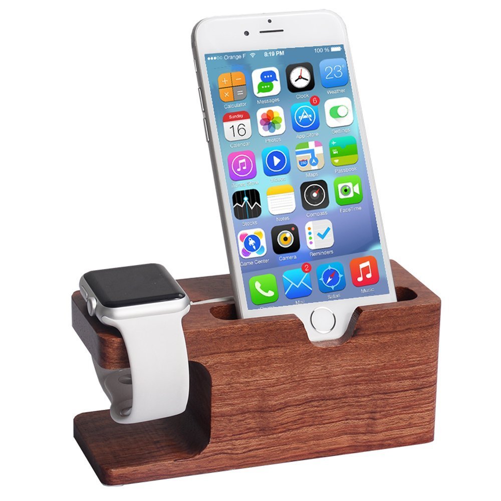 Support de Charge en Palissandre, Station de Chargement de Bureau pour iPhone XS Max XR X 8 7 6 6S Plus Apple Watch 2 3 4 iWatch 38 mm et 42 mm Samsung S9 S8 Note 8 9