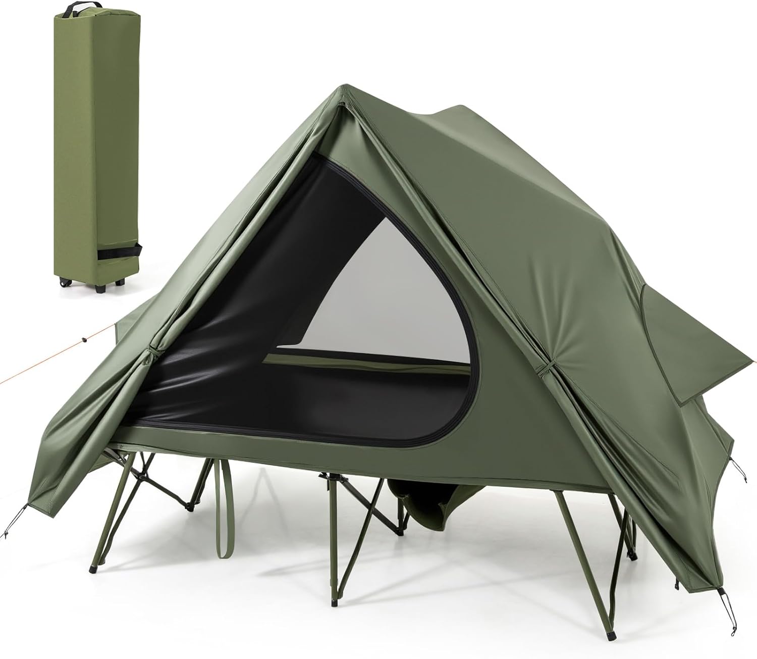 Tangkula 2 in 1 Tent Cot, 2-Person Portable Off-Ground Elevated Camping Tent with Cot, Removable Rainfly, Wheeled Bag, Stakes & Wind Ropes for Outdoor Hiking, Picnic, Travel