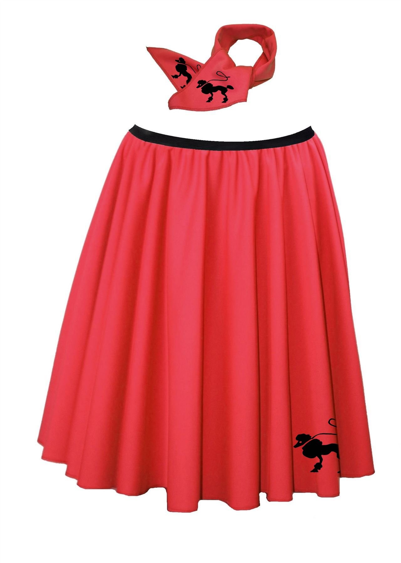 Adults 22" Length Poodle Skirt & Neck Tie 1950s Rock & Roll Fancy Dress [Red - 8-14]
