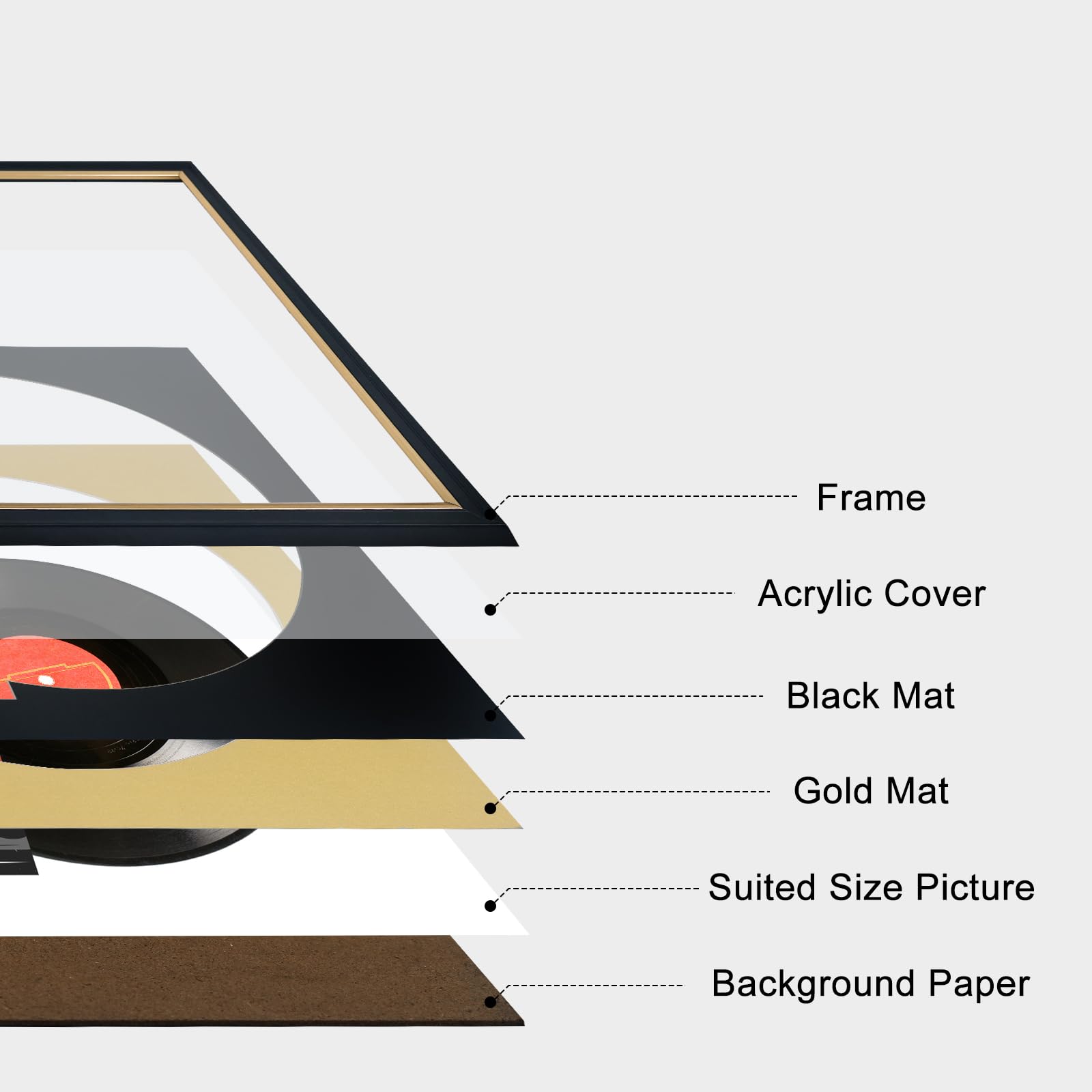 Cornice per album in vinile per esporre dischi in vinile per copertine LP 30,5 x 30,5 cm, decorazione per la casa, cornice nera con lato dorato