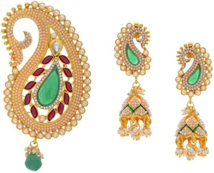Pearls Cart Women's Royal Tradional Stone Studded Kairi Theme Kalangi/Locket/Pendant Set Multi-Colour