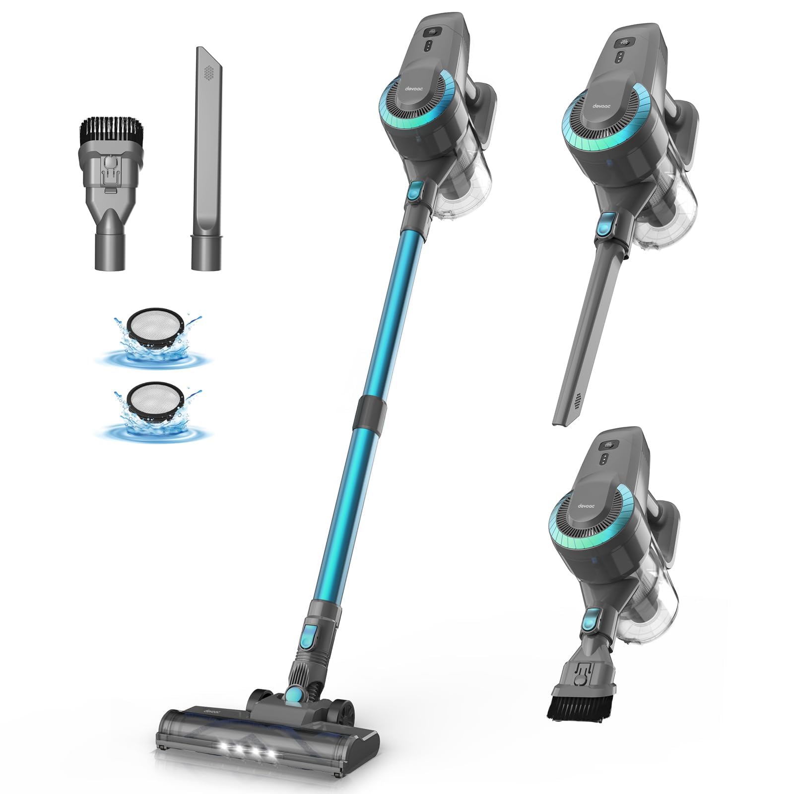 devoac n300 cordless vacuum cleaner, 6 in 1 lightweight stick vacuum, 2200mah battery up to 40mins runtime, powerful handheld vacuum for hard floor rug pet hair home dorm (waterfall)