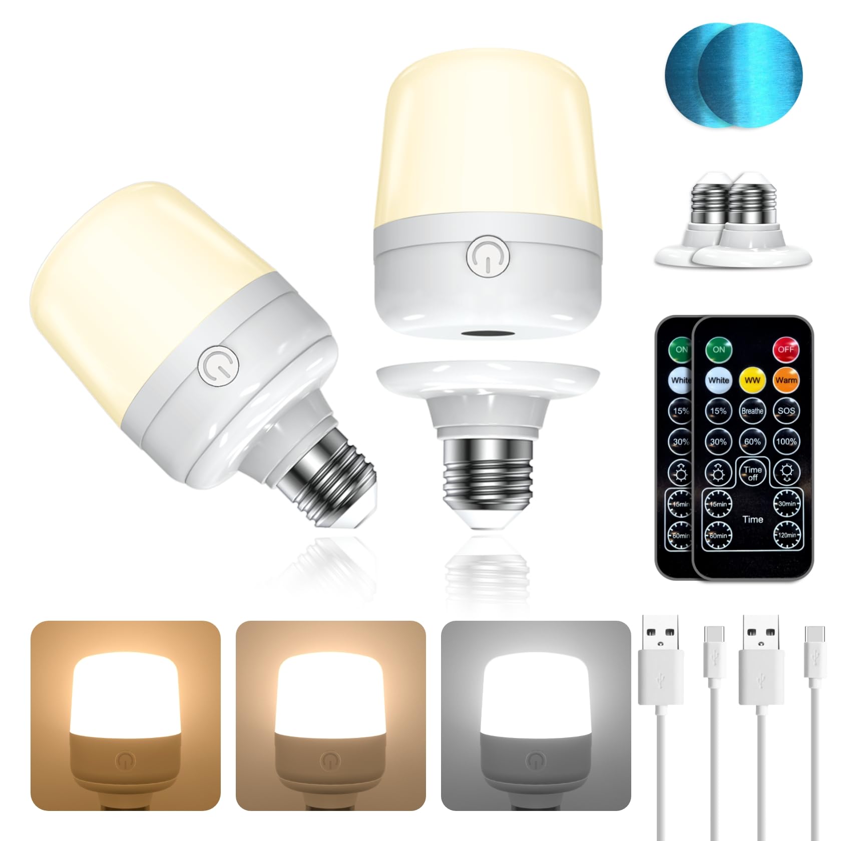 LUTW USB Rechargeable Light Bulb, 7W Dimmable and Detachable Battery Light Bulb E27, 3 Color Temperatures and Timmer Remote Control Light Bulbs for Non Hardwired Lamps, Wall Sconces, Camping, 2 Pack