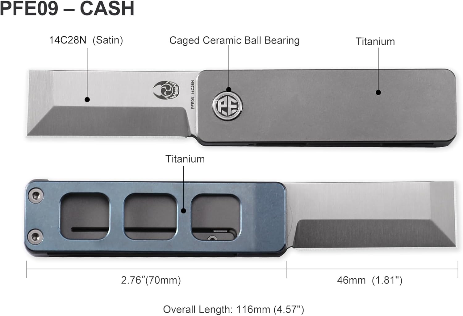 Petrified fish PFE09 Cash Folding Knife,1.81" 14C28N Satin Blade, 1.69oz Titanium Handle Front Flipper Pocket knife for EDC (Black)