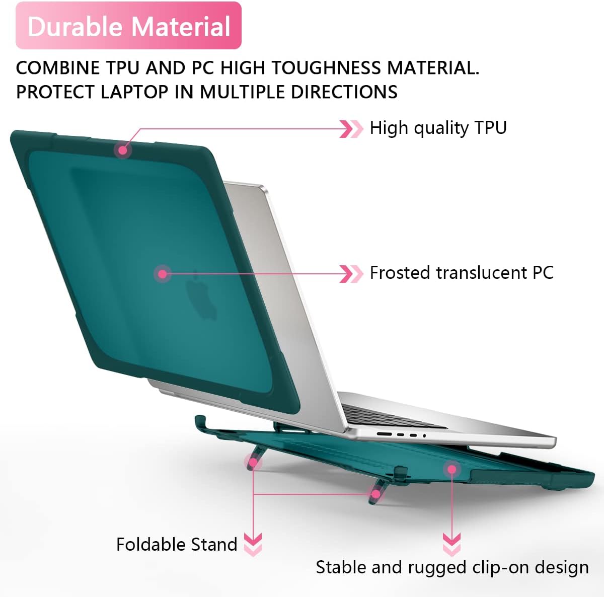 Batianda Heavy Duty Case for New MacBook Pro 14 Inch 2025 M5 M4 M3 M2 Pro/Max- Ergonomic Foldable Kickstand (Holds 22lbs/Zero Wobble) Matte Translucent Rugged Armor Cover with Spare Parts, Deep Teal - Image 3