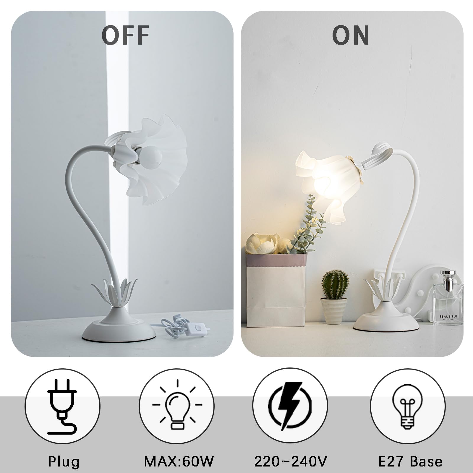 Biała lampa nocna, akrylowa lampa stołowa z kwiatami, metalowa lampka biurkowa dla dziewczynek, abażur z akrylu, wolno obrotowa lampa do sypialni, salonu, z trójkolorowym oświetleniem, 50 cm