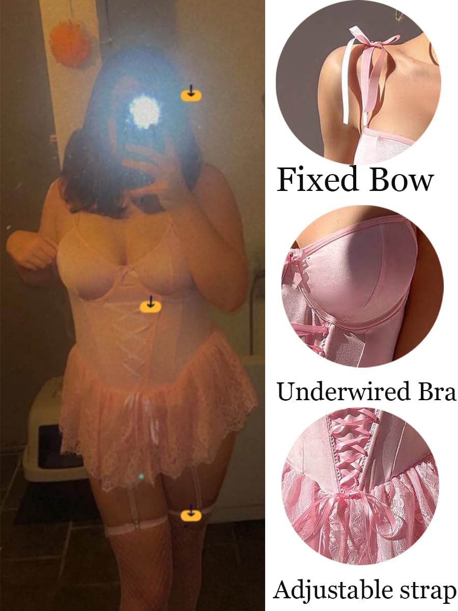 Women Sexy Lingerie Set Underwired Lace Up Corset Bodysuit Babydoll Garter Lingerie With Stockings - Image 6