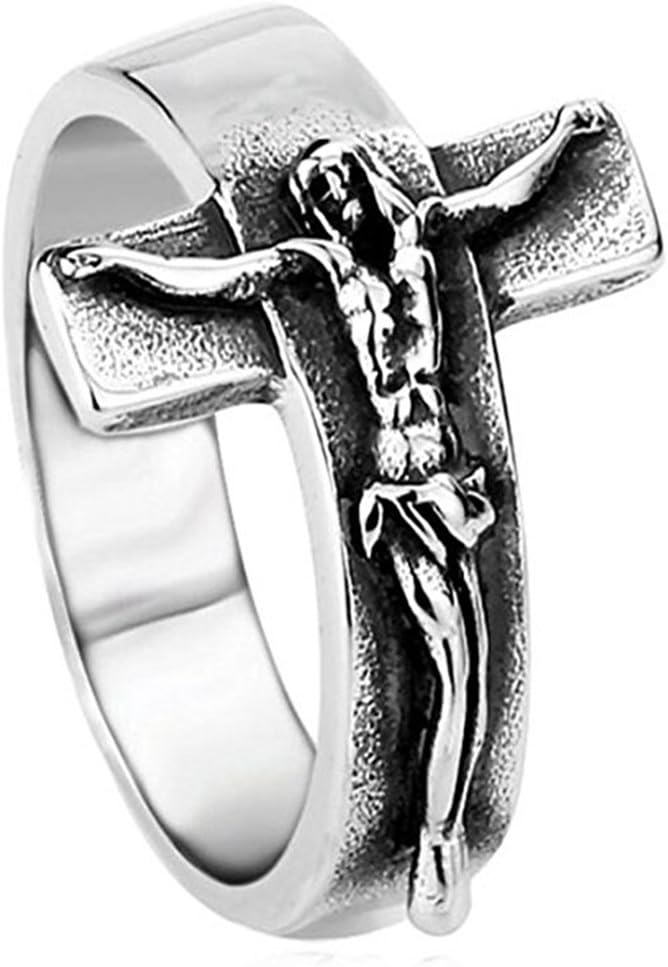 JAJAFOOK Men's Vintage Stainless Steel Jesus Cross Band Crucifix Ring,Silver Gold
