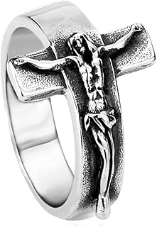 JAJAFOOK Men's Vintage Stainless Steel Jesus Cross Band Crucifix Ring,Silver Gold