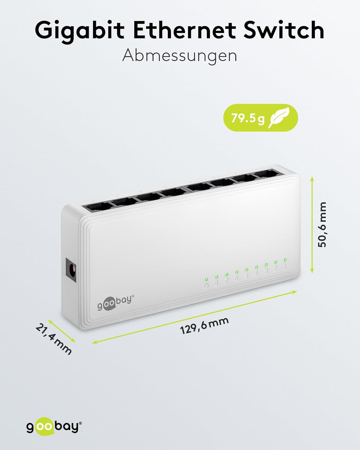 goobay 64564 Gigabit Ethernet Network Switch 8 Port / LAN Switch with Max. 1000 Mbps / Fanless Design / Ethernet Switch with Plug & Play Application / Optimised Data Distribution / White
