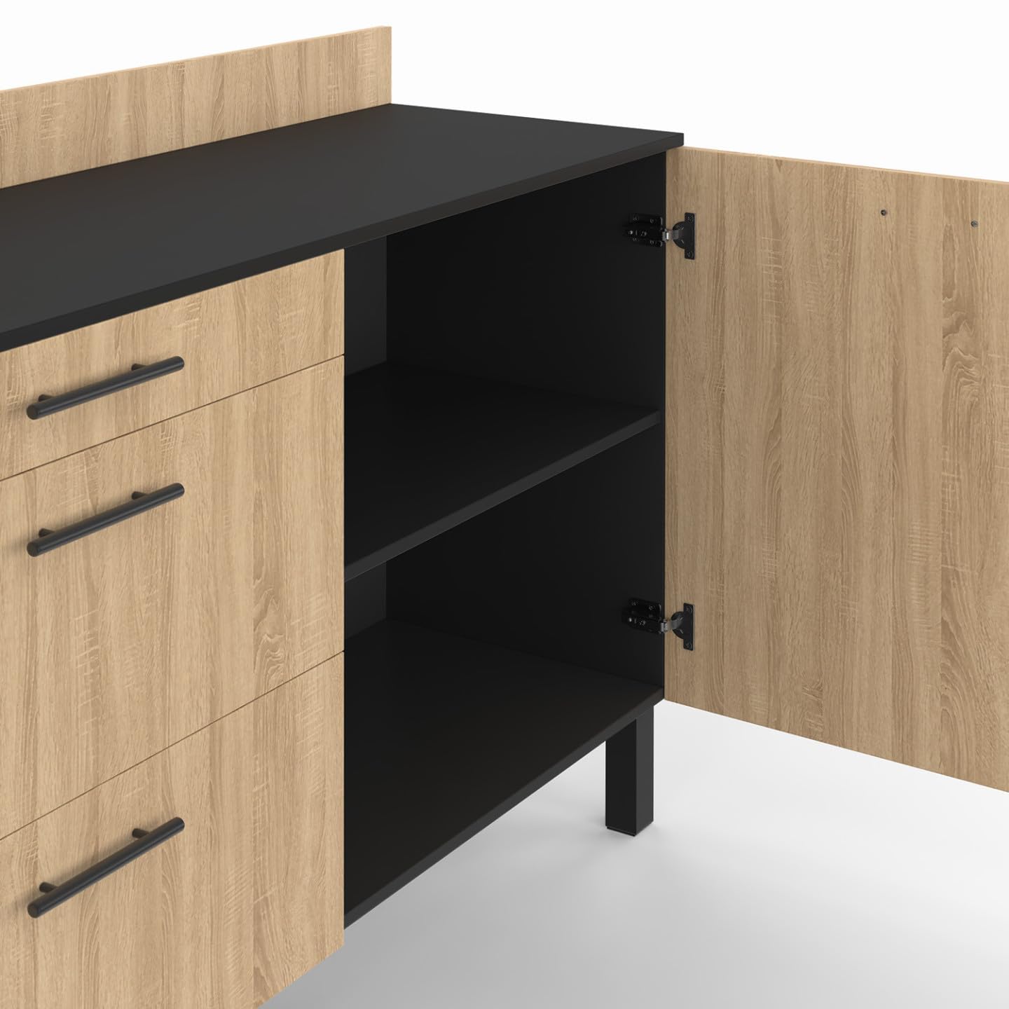 IDMarket - Buffet Bas casserolier de Cuisine 120 cm CINA Plan de Travail H.83 cm 1 Porte + 3 tiroirs Noir et façon hêtre