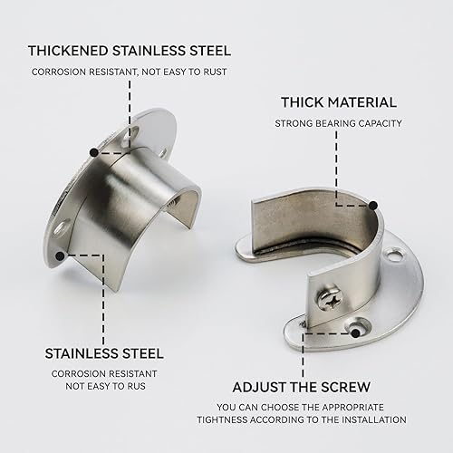 Vista 7 de 6PCS Heavy Duty Stainless Steel Closet Pole Sockets Rod End Support Flange Rod Holder Set Wall Mount Pipe Bracket with Screws for Closet Wardrobe