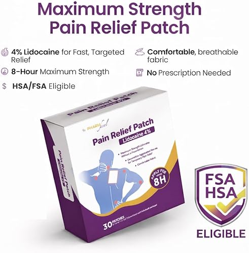 Vista 2 de Parche para Alivio del Dolor, 4% Lidocaína, 30 Unidades, Fuerza Máxima de 8 Horas, para Alivio del Dolor de Espalda, Cuello, Rodilla, Codo, Hombro