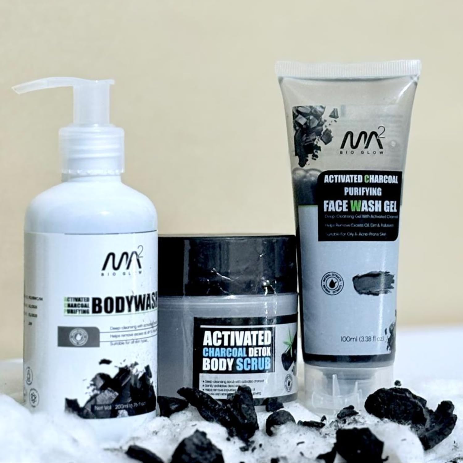 Activated Charcoal Detox Skincare Combo | Deep Cleansing Body Wash 200ml + Purifying Face Wash Gel 100ml + Charcoal Body Scrub | Oil Control & Daily Detox Care for Men & Women (3-Piece Set)-image-48