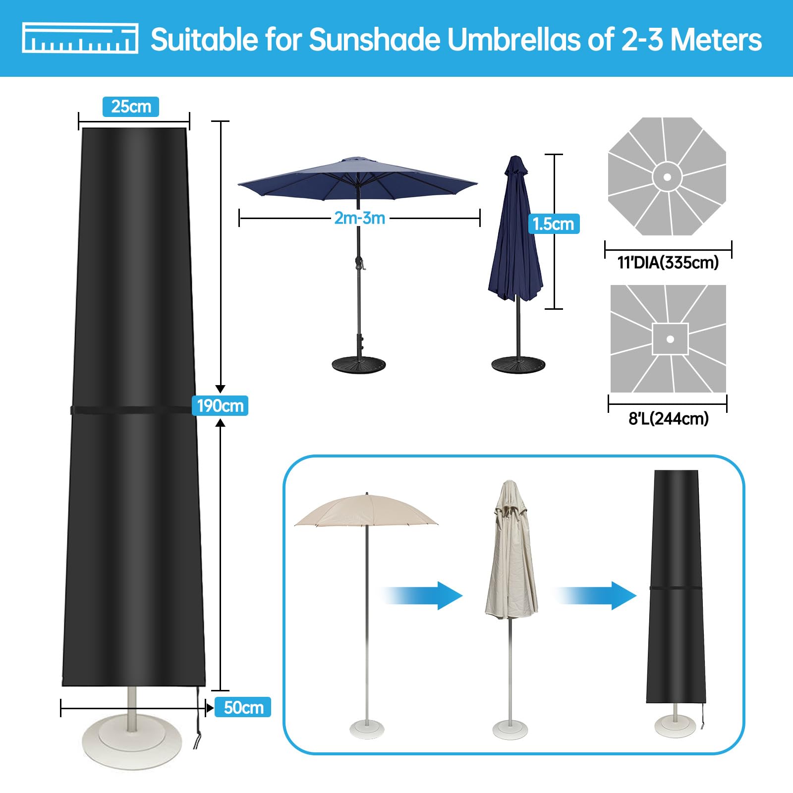 Wodoodporny pokrowiec ochronny na parasol przeciwsłoneczny, 210D, pokrowiec na parasol Ø 2 m/3 m, pokrowiec na parasol boczny (ampelschirm), osłona, czapka na parasol, osłony na parasol targowy