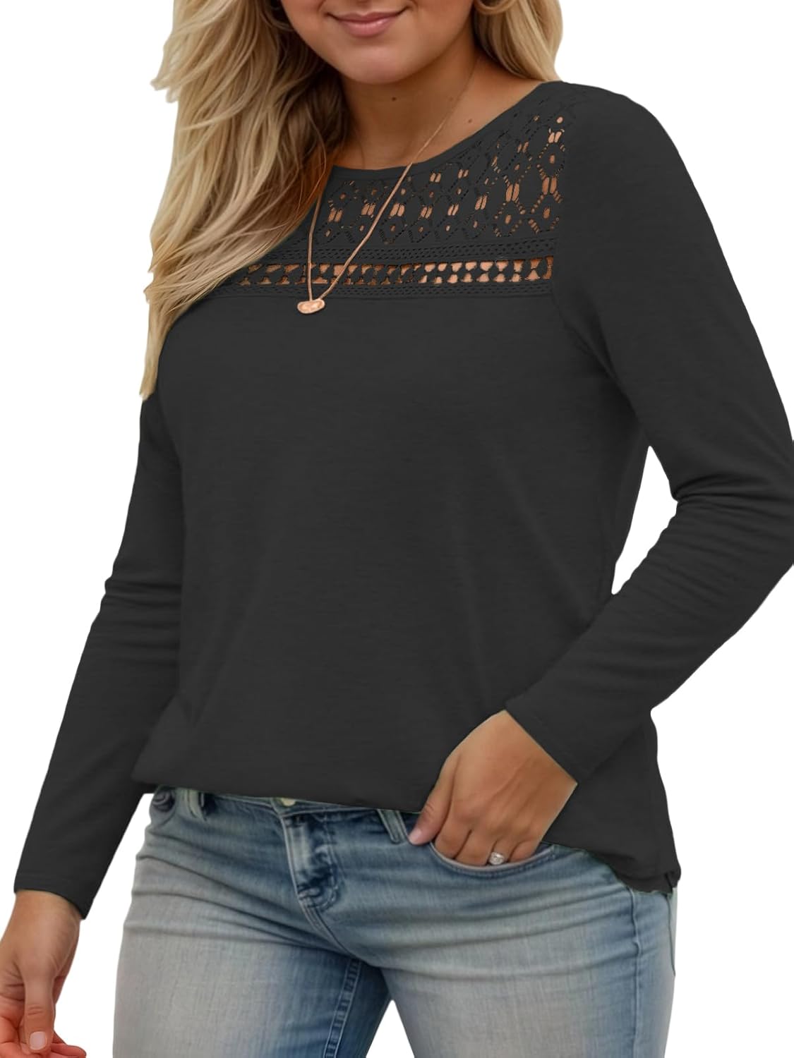 VISLILY Plus-Size-Tops for Women Trendy Lace Crewneck T Shirts Cute Long Sleeve Dressy Blouses Loose Fit Casual Tunics Tees - Image 3