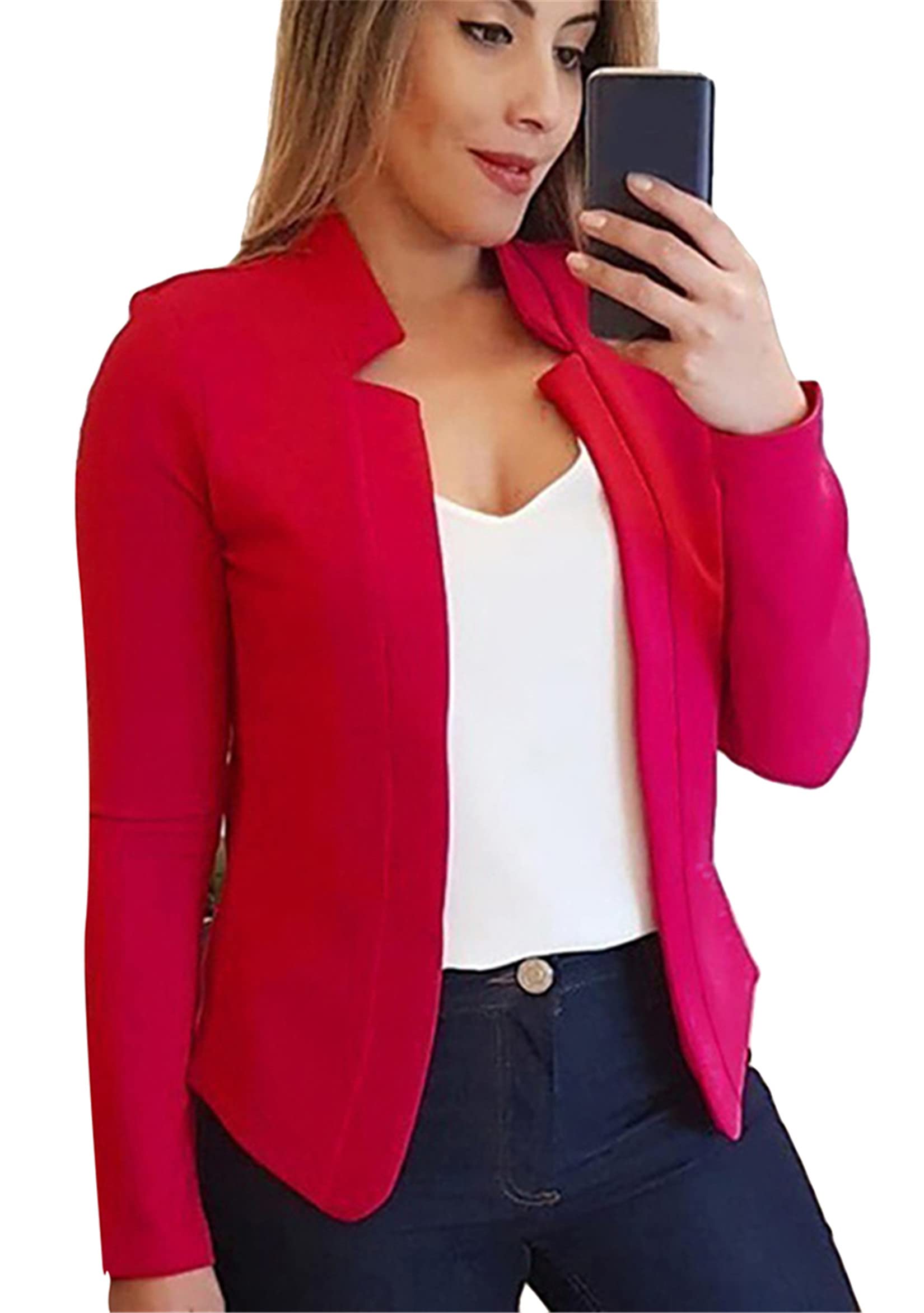 tyqqu Womens Oversized One Button Down Blazer Slim Work Office Fit Lightweight Cardigan, Red, X-Large-picture-40
