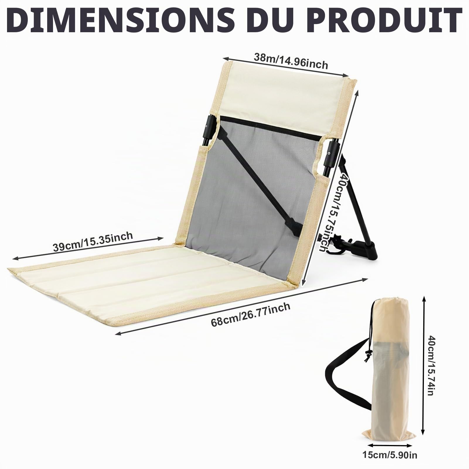 Chaise de Plage Pliable,Respirante Tapis de Plage avec Dossier, en Tissu Oxford 600D, Portable Chaise de Plage Pliante Ultra Légère, pour Camping, Plage, Pplein Air, Herbe,Jardin(Beige)