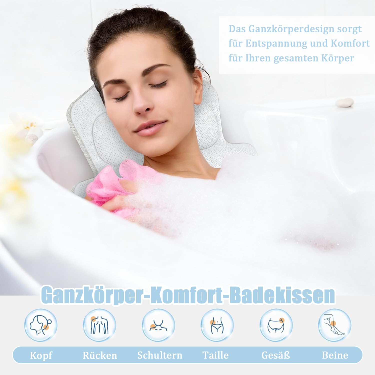 Badewannenkissen Ganzkörper, Badewannenmatte mit Kissen und Lendenwirbelstütze, mit Saugnäpfebad Anti-Rutsch und Hängehaken, Schnelltrocknend, Badekissen für Badewanne, 133x40cm