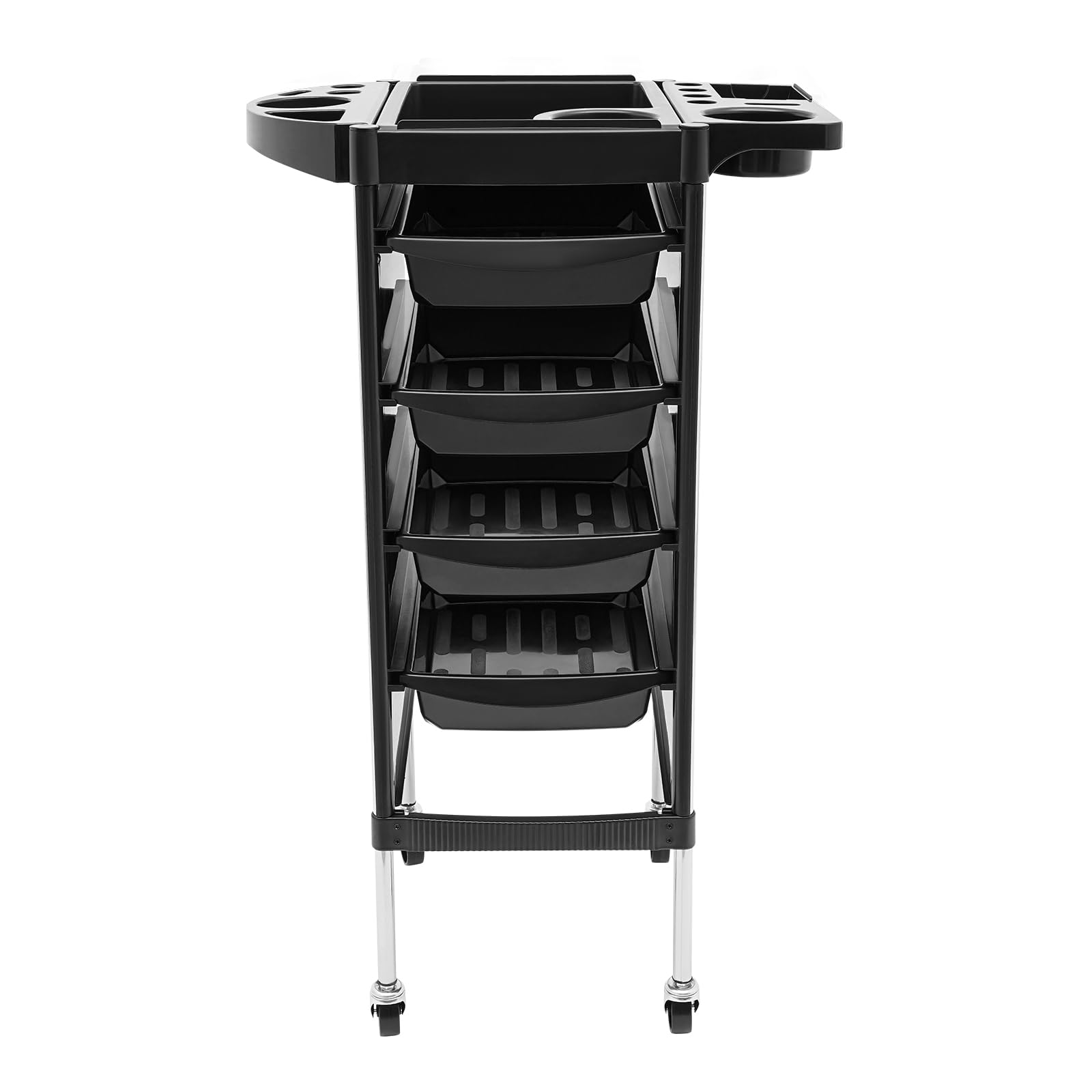 Chariot de Coiffure 5 Niveaux, Table Roulante Esthétique, Support Matériel Barbier 4 Tiroirs Noir, Plateau Pliable, 5 roulettes Silencieuses, Charge 15kg par Niveau, pour Salon Institut Domicile