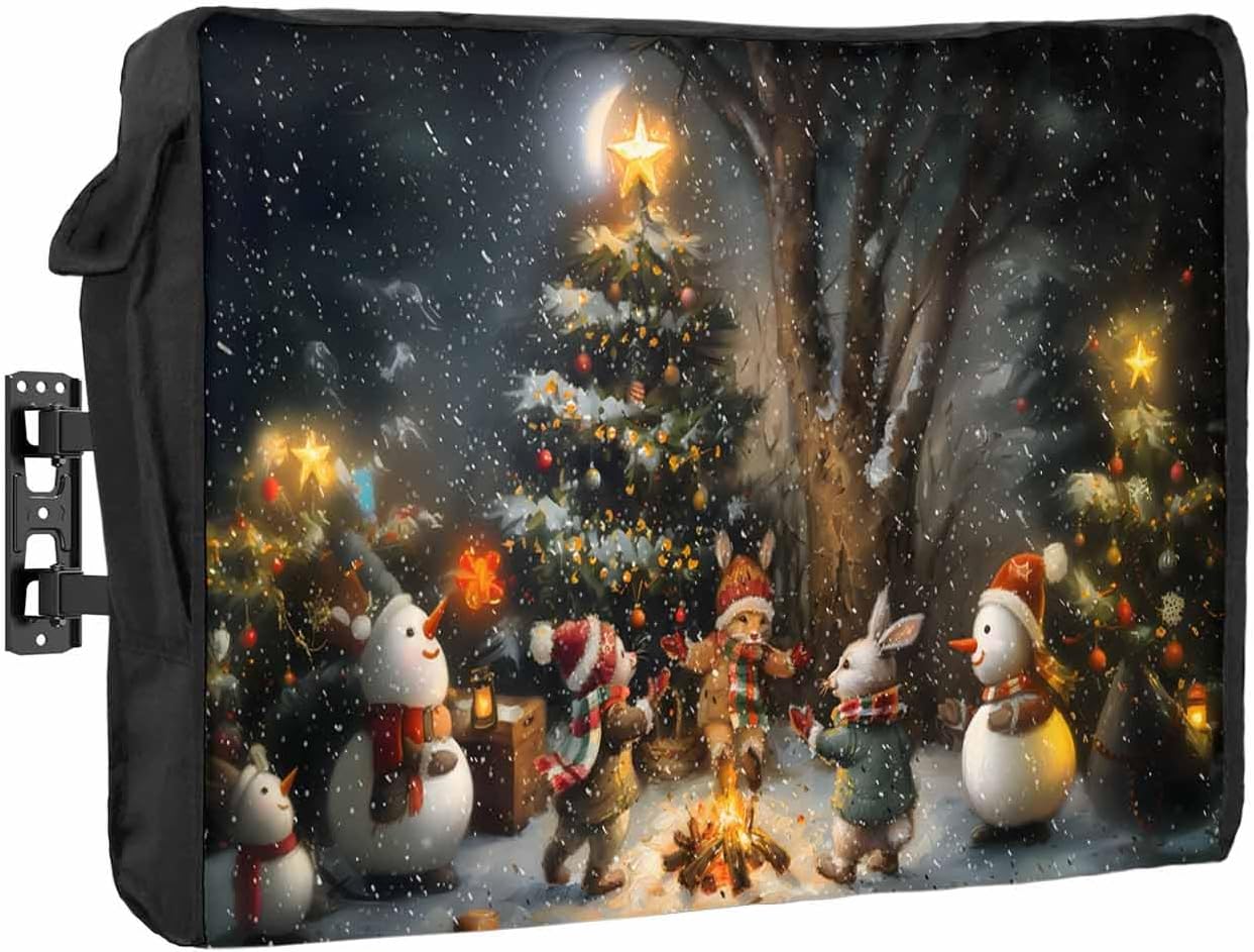 Christmas Tree Outdoor TV Cover 40"-43" - 600D Waterproof TV Cover Weatherproof TV Screen Protector Dustproof Winter Xmas Snowman Animal Star Moon Snow TV Display Protector for Outside Flat Screen TV
