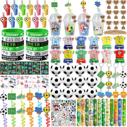 FINDRICH 182PCS Soccer Party Favors, Soccer Birthday Party Favors with Cups Straws Puzzle Toys Whistles Mini Soccer Stress Balls Slap Bracelets Key Chains for Soccer Birthday Party Decorations