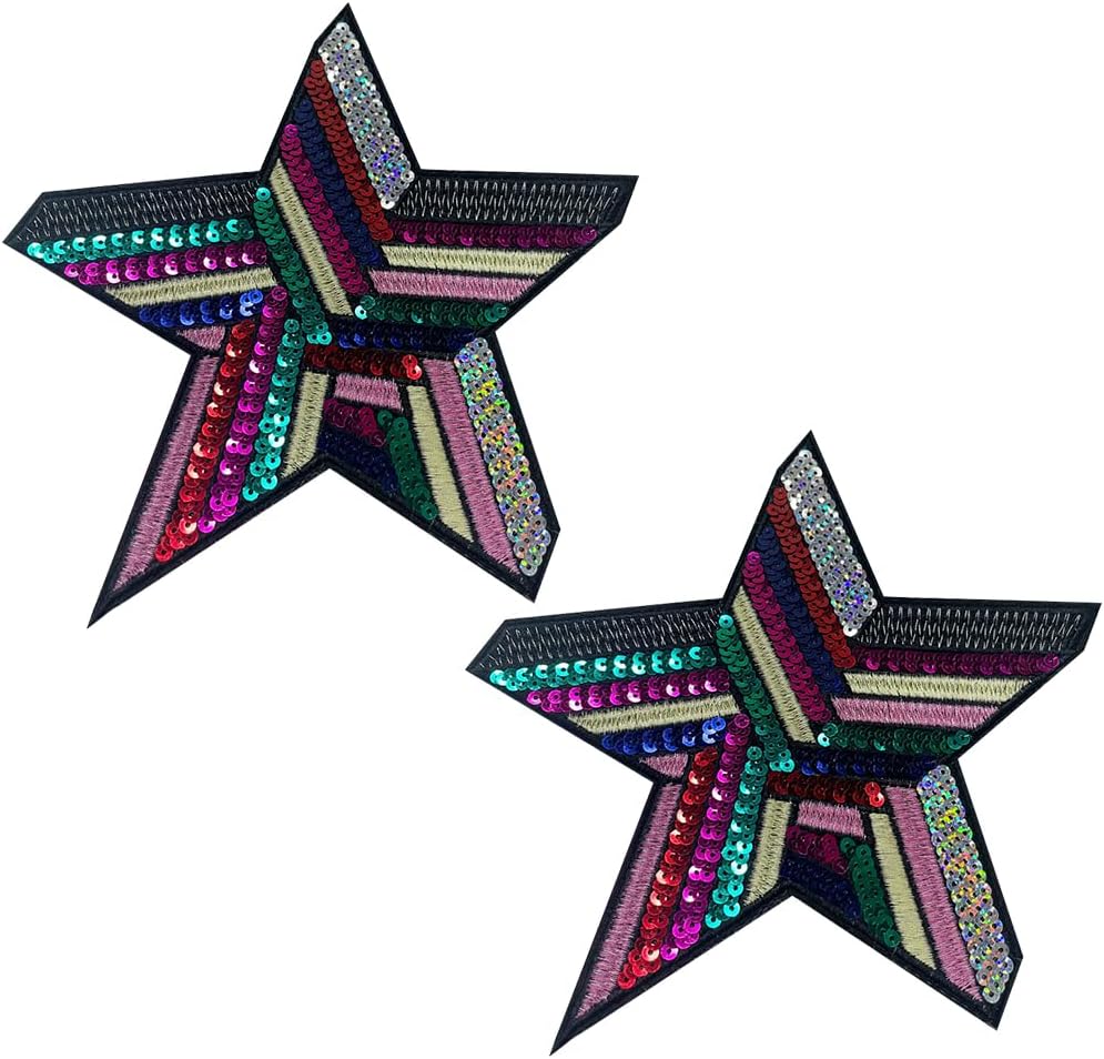 INFUNLY 2pcs Star Sequins Patches: 8.5x7.5in Sew On Colorful Star Sequins Fabric Patches for Clothing DIY Sewing Apparel Accessories - Jeans, Jackets, Handbag Decor