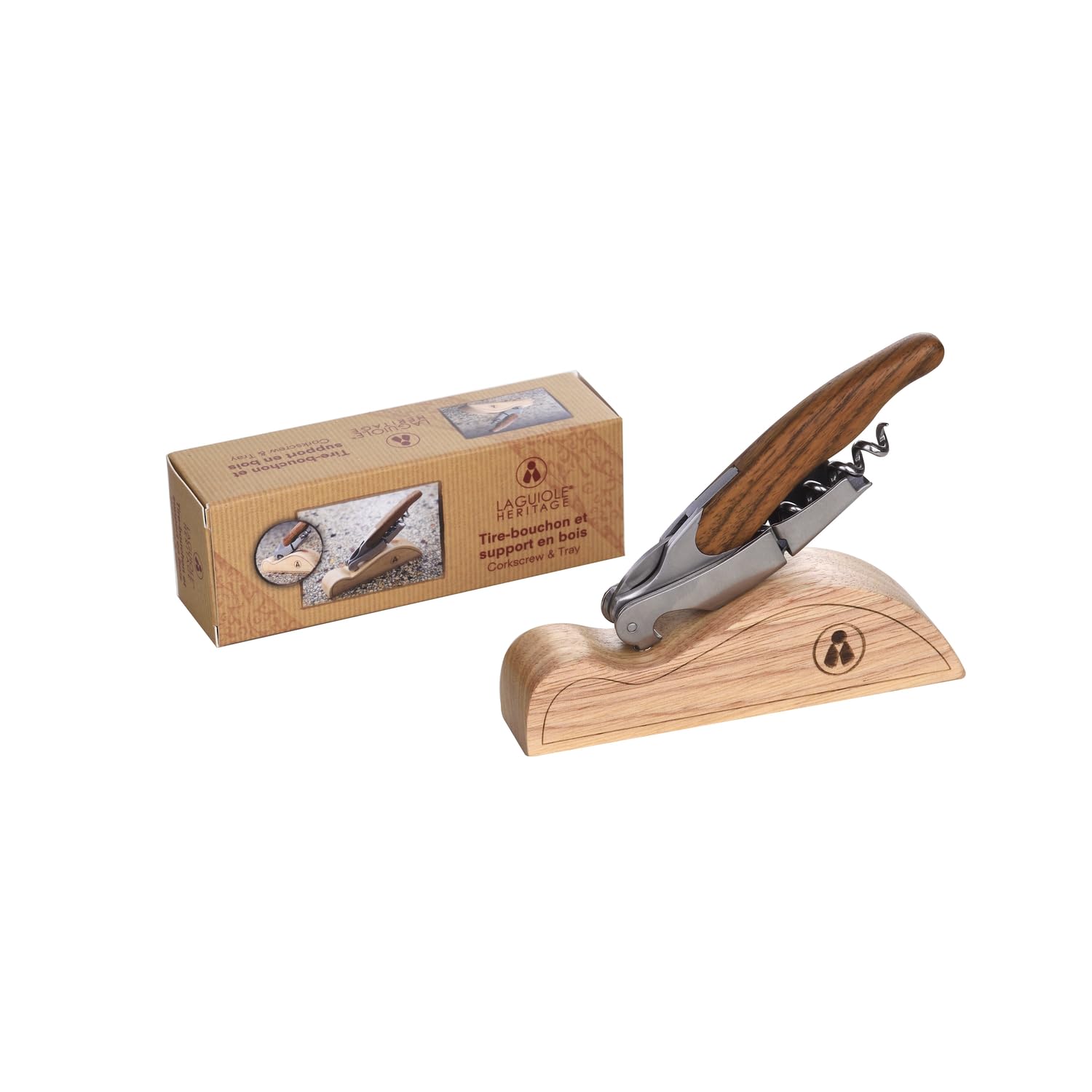 Cavatappi Laguiole Heritage con tagliere - 12 cm - Lavorazione artigianale - Manico in quercia - Confezione regalo inclusa - Coltello da cameriere sommelier con apribottiglie e tagliacapsule