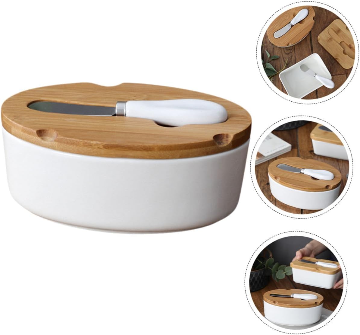 Wakauto Ceramic Butter Dish Set with Lid and Butter Cutter Oval Nordic Style for Home Kitchen and Preservation