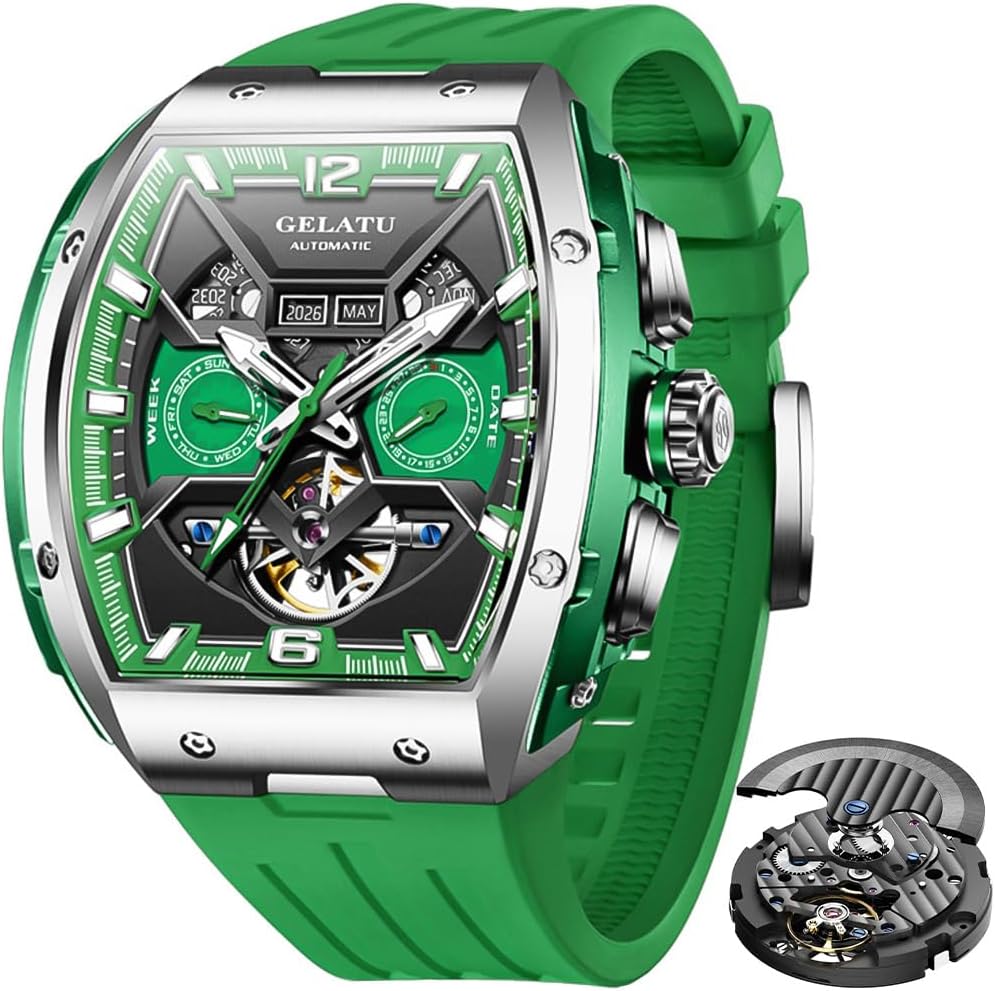 OLEVS GELATU Mens Watch Automatic Tourbillon Wristwatch Skeleton Mechanical Self Winding 50M Waterproof Sapphire Crystal Square Male Watches Yellow/White/Black/Green