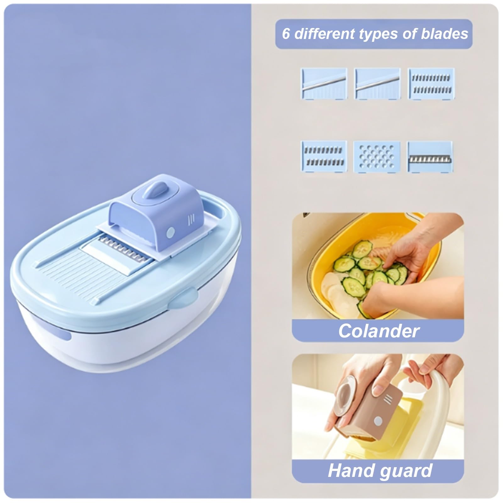Multifuncional Cortador de Verdura Manual 6 en 1, Mandolina de Cocina Profesional, Gran Capacidad, con 6 Grosores Corte, Soporte para Alimentos y Recipiente Recolector