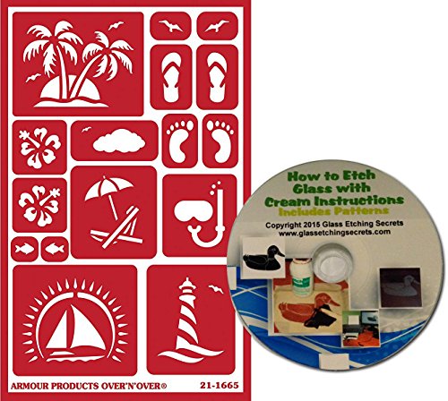 Tropical Beach Stencils, Reusable with Palm Trees, Sailboat, Sandals, Sea Gull, Lighthouse, Snorkel, Fish + Free How to Etch CD