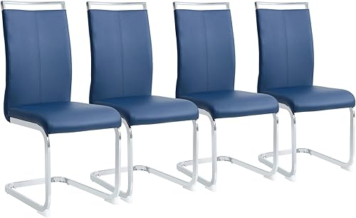 Juego de 4 sillas de comedor tapizadas con patas cromadas en forma de C y asiento acolchado de piel sintética para comedor y cocina, color azul
