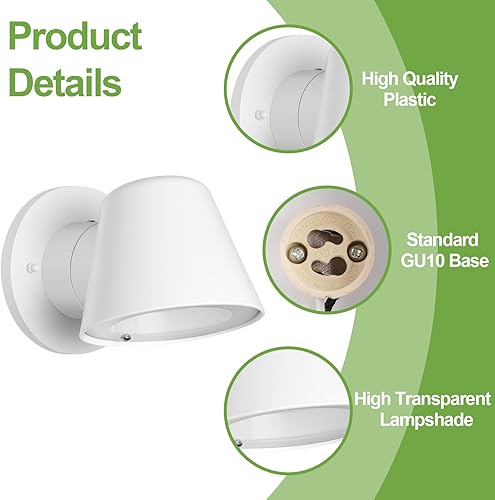 Miniatura 3 de FUDESY Paquete de 2 lámparas de pared para interiores y exteriores, aplique de pared exterior blanco para porche con enchufe GU10, impermeable,
