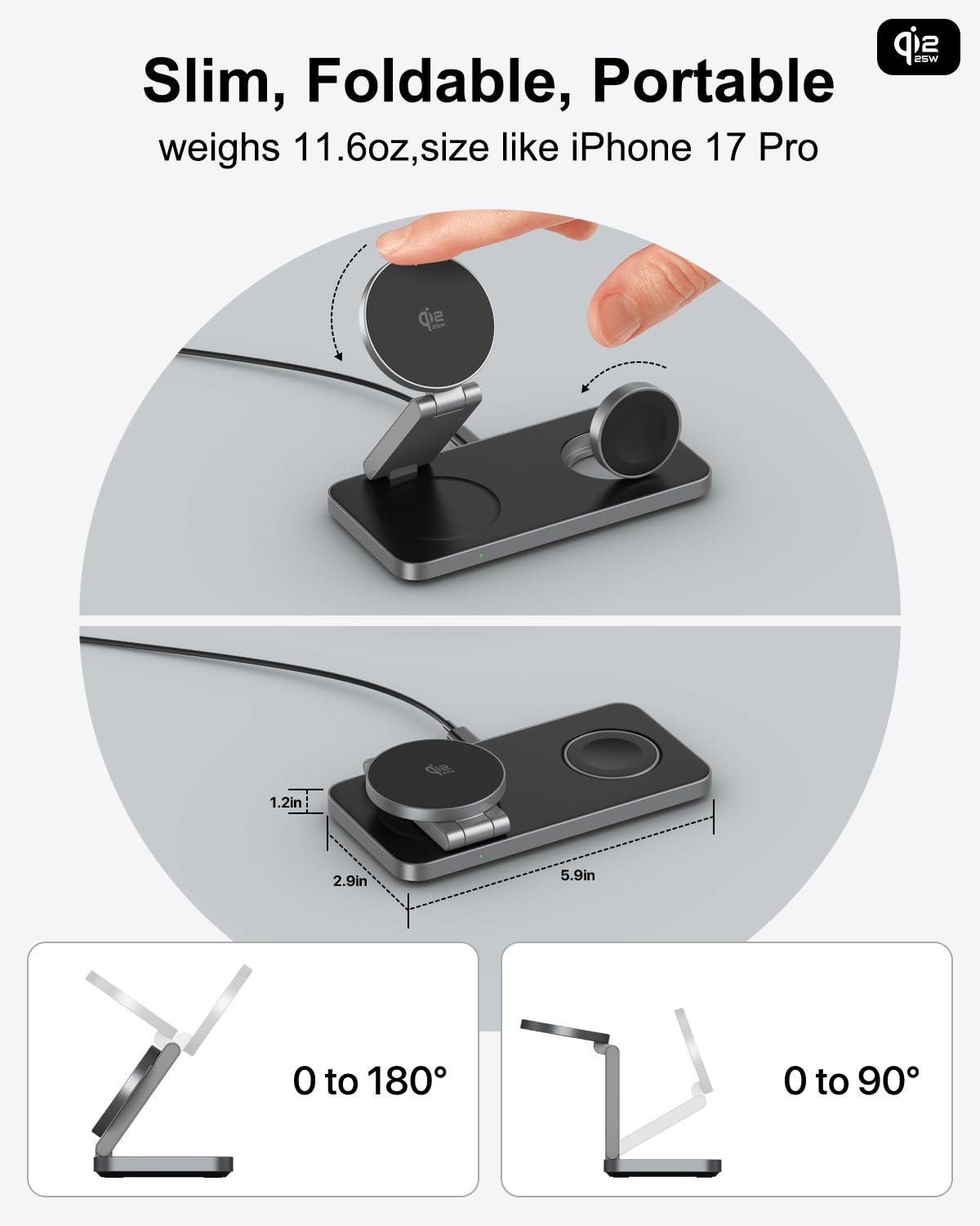 Qi2 25W Caricatore Wireless, Stazione di Ricarica Pieghevole 3 in 1 per iPhone 17e/17/16/15/14/13/12/Air, Apple Watch e Pods Pro con Adattatore Rapido-Nero