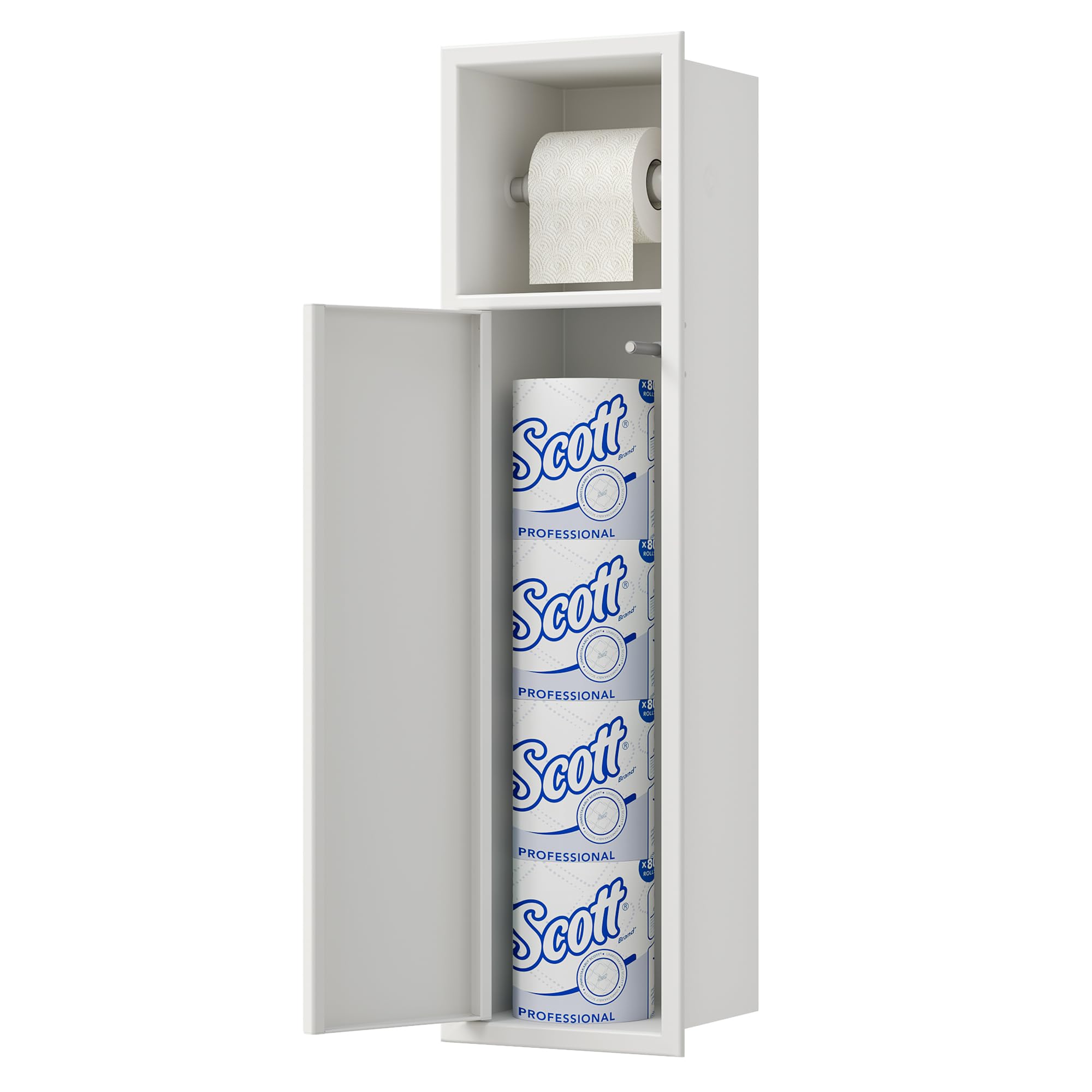 Neodrain Recessed Toilet Paper Holder, White Toilet Tissue Holder with Storage Cabinet for Toilet Brush Holder, 304 Stainless Steel Wall Bathroom Roll Paper Holder