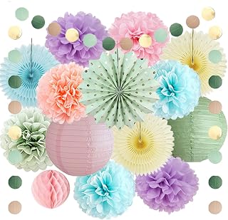 Party Deko Frühling Papier Regenbogen Party Deko Pastell Pompoms Grün Salbei Blau Gelb Lila Pastellrosa Papierfächer Kit für Pastell Geburtstag Hochzeit Babyparty JGA Deko Junggesellinnenabschied