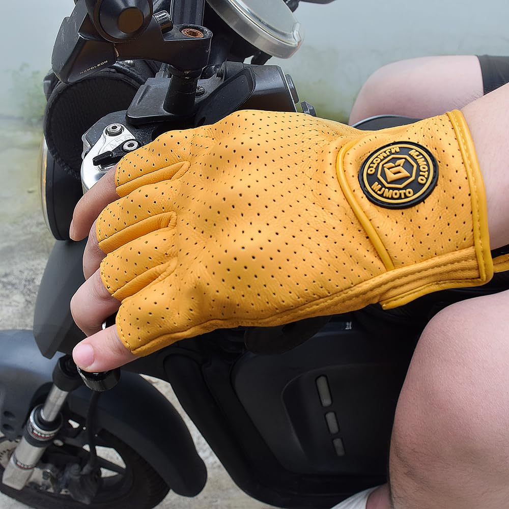 Guantes retro de medio dedo de piel amarilla con perforaciones transpirables y agarre antideslizante, cierre de velcro, unisex