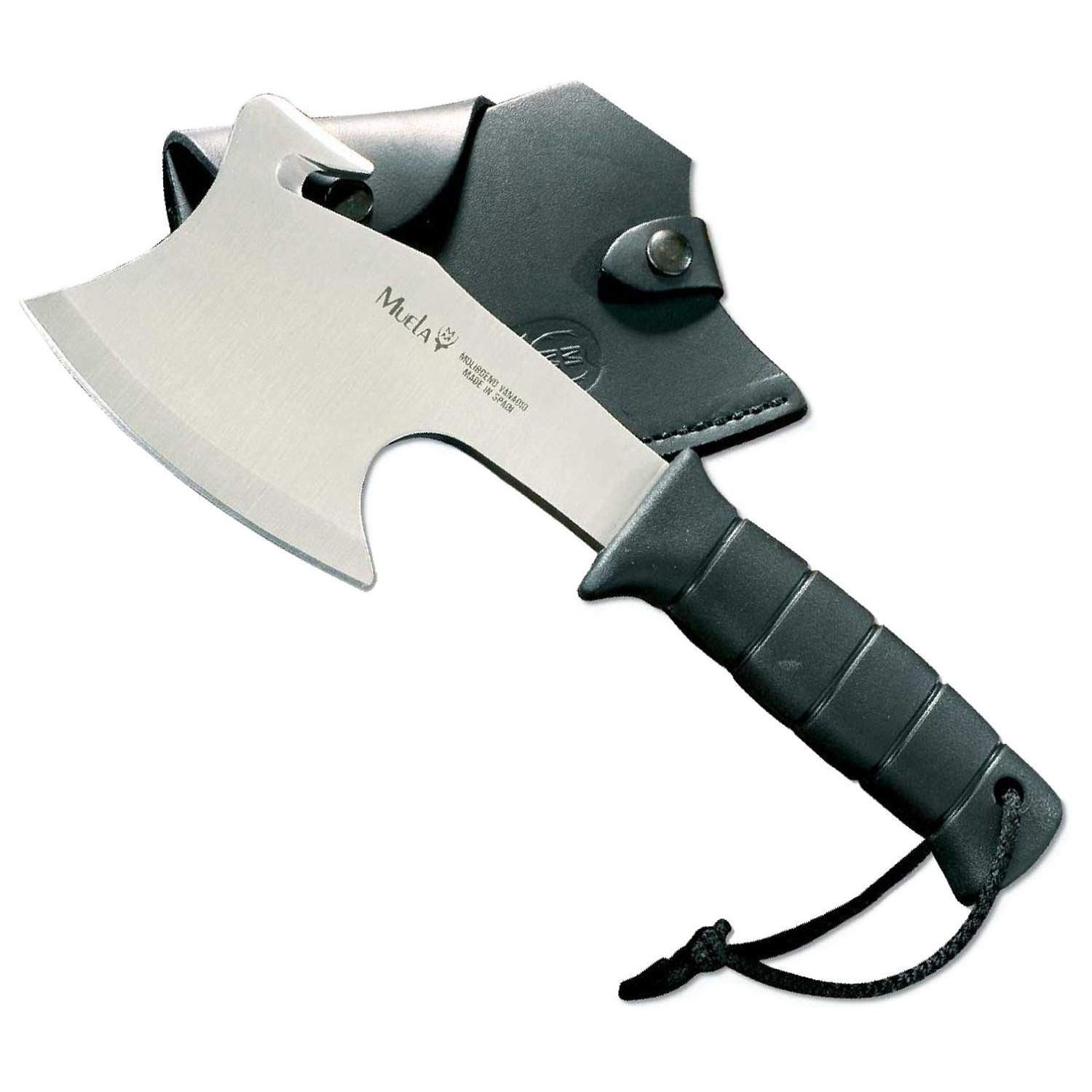 Muela Hacha HG-S Hoja de Acero ACX-380 y Mango inyectado en Goma para Caza, Pesca, Supervivencia y Bushcraft Realizado en Ciudad Real + Portabotellas de Regalo
