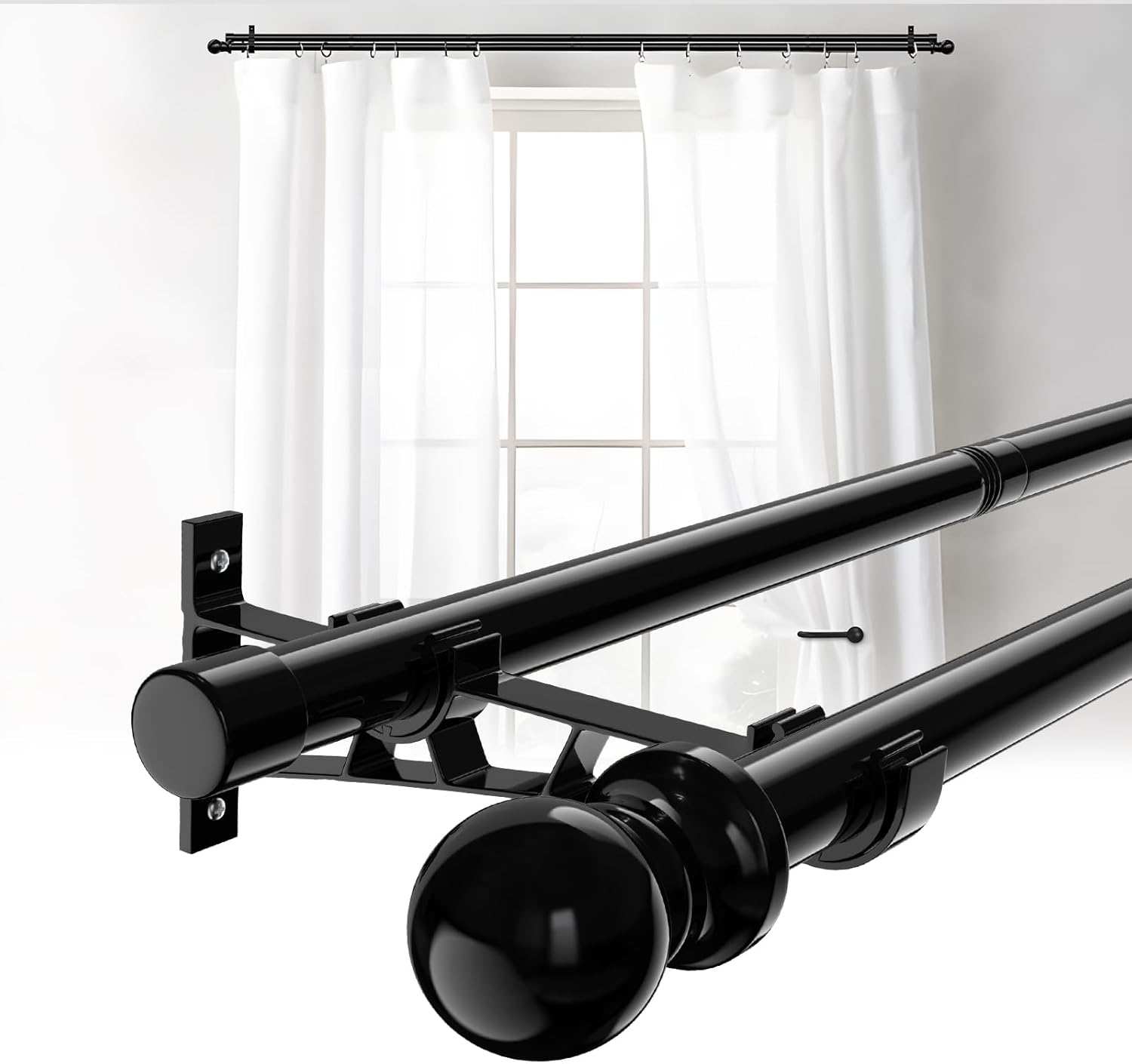 1 Inch Double Curtain Rods 28 to 145 Inch, Adjustable Dual Heavy Duty Curtain Rods with Sliding Glass Door, Patio, Bedroom, Kitchen, Black