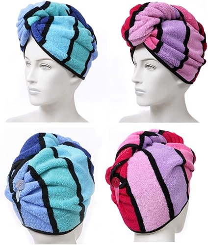 Miniatura 4 de Paquete de 2 toallas de pelo 100% algodón, toalla de secado de cabello con botón para mujer, sombrero de cabello seco, toalla de ducha (rojo y azul)