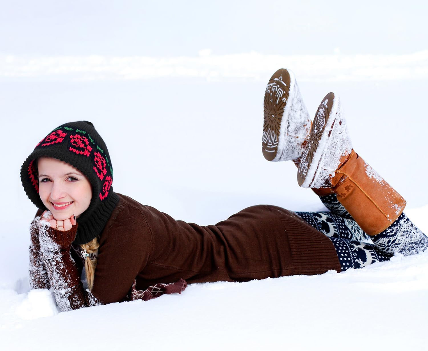 Peicees Hooded Scarf Hat Knitted Balaclava for Women, Fashion Pattern Beanie Hat Neck Gaiters for Winter Warm - Image 5