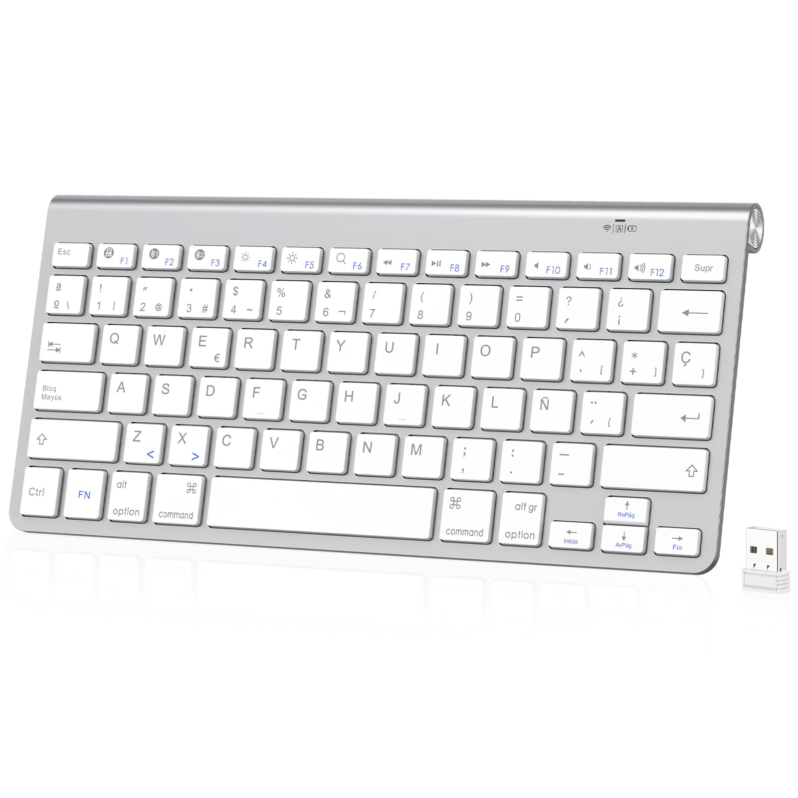 PINKCAT Teclado inalambrico, Bluetooth & 2.4G QWERTY español Layout, Teclado Mac, Magic Keyboard, Wireless Keyboard con Teclas Multimedia para PC, portátil, Ordenador portátil, Windows (Plata)