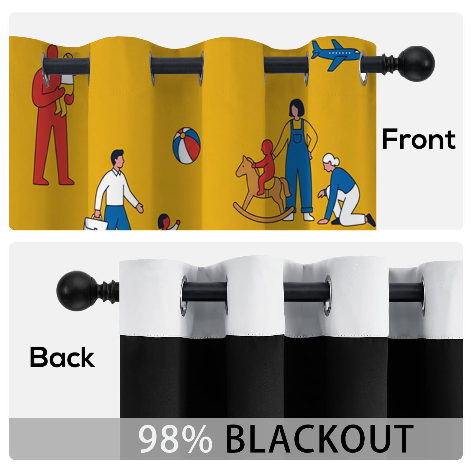 Rideau Occultant Vie Famille Dessin Animé Thermiques Anti Froid, 140x175cm Rideaux Fenêtre Opaque Jeux Parents-Enfants à Oeillets Anti UV Intérieurs Decoration Dressing Salon Chambre Maison, Jaune
