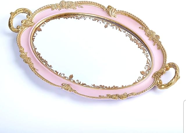 Decorative Mirrored Oval Jewellery Tray ~ Elegant Designed Display and Serving Tray with Gold and Pink Rim.