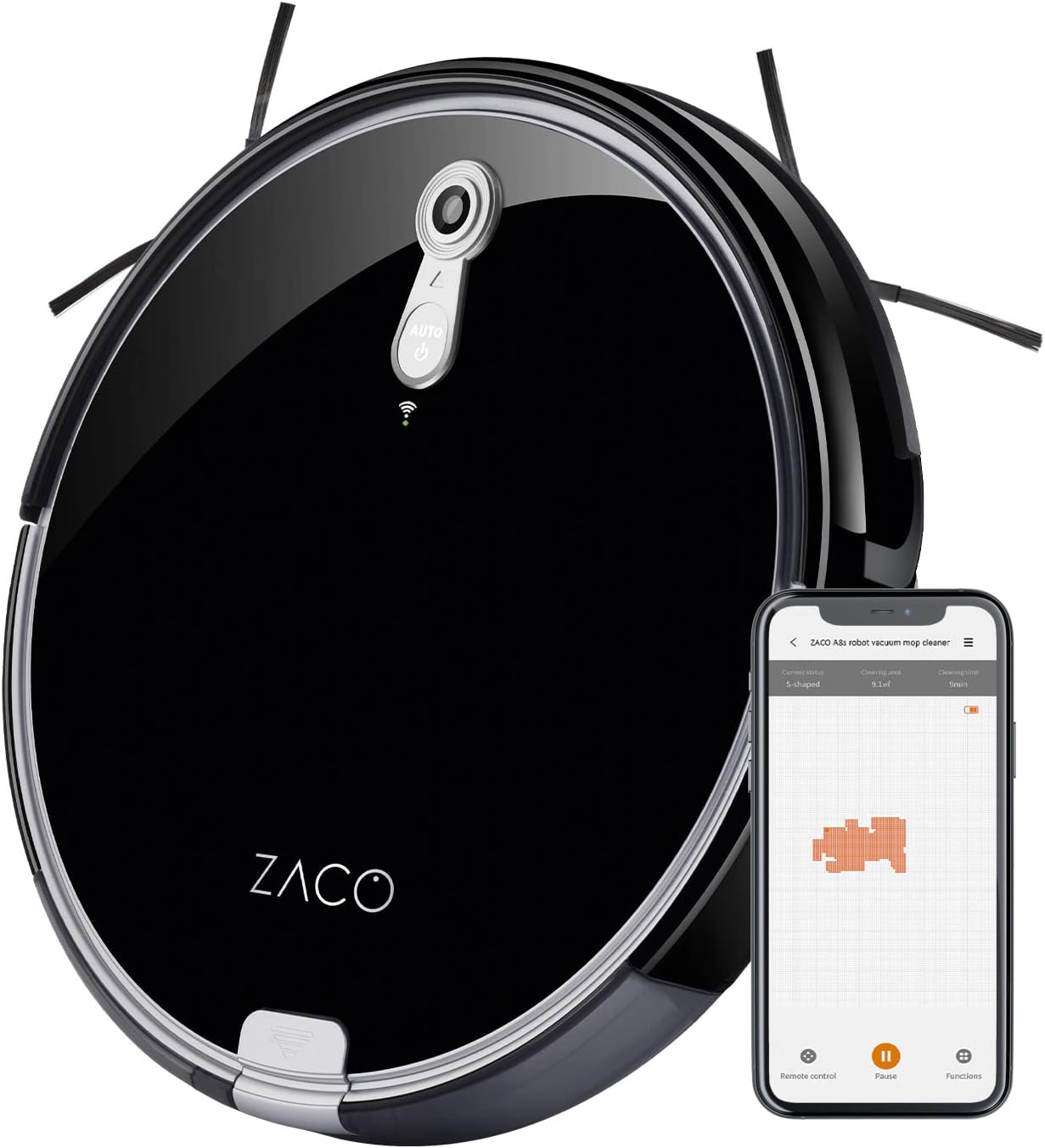 ZACO A8s robot vacuum cleaner with mopping function, app & alexa control, 7.2cm flat, automatic hoover robot, 2in1 mopping or vacuuming, for hard floors, fall protection, with charging station, black